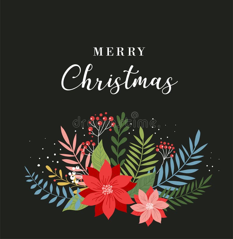 Cartolina d'auguri, insegna e fondo di Buon Natale nello stile elegante, moderno e classico con le foglie, i fiori e l'uccello illustrazione di stock