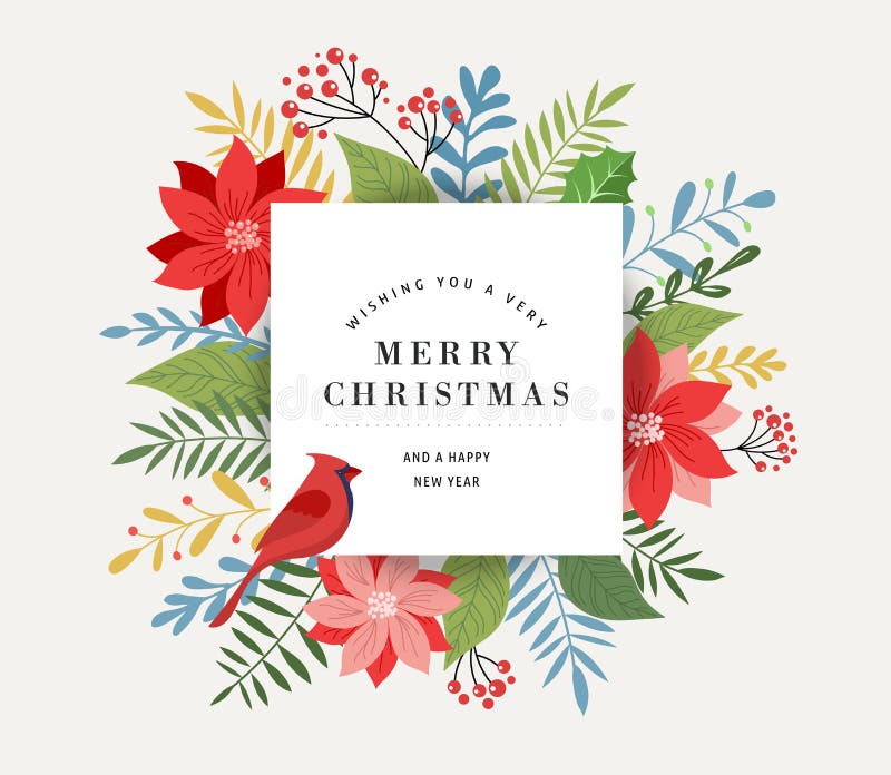 Cartolina d'auguri, insegna e fondo di Buon Natale nello stile elegante, moderno e classico con le foglie, i fiori e l'uccello illustrazione vettoriale