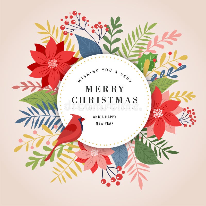 Cartolina d'auguri, insegna e fondo di Buon Natale nello stile elegante, moderno e classico con le foglie, i fiori e l'uccello illustrazione di stock