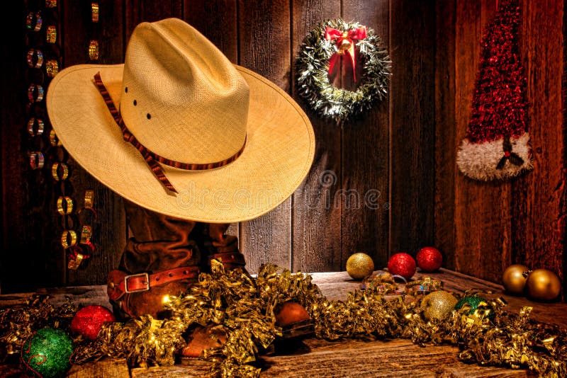 Cartolina di Natale ad ovest americana del cappello da cowboy del rodeo immagini stock libere da diritti Cartolina di Natale ad ovest americana del cappello da cowboy del rodeo immagini stock libere da diritti