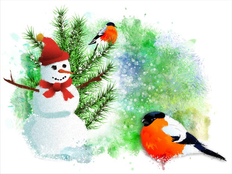 Cartolina di Natale con i ciuffolotti ed il pupazzo di neve illustrazione di stock Cartolina di Natale con i ciuffolotti ed il pupazzo di neve illustrazione di stock