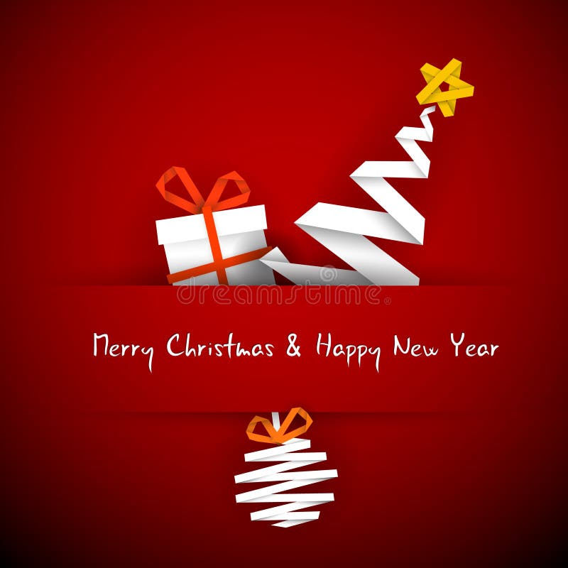 Cartolina di Natale con il regalo, l'albero e la bagattella
