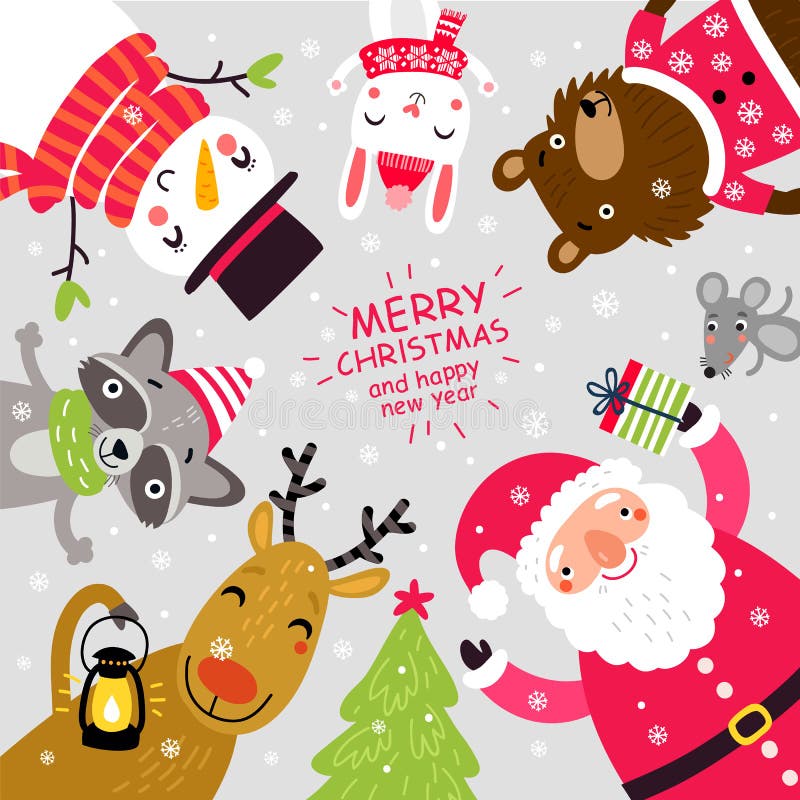 Cartolina di Natale con Santa e gli animali Caratteri svegli illustrazione vettoriale Cartolina di Natale con Santa e gli animali Caratteri svegli illustrazione vettoriale