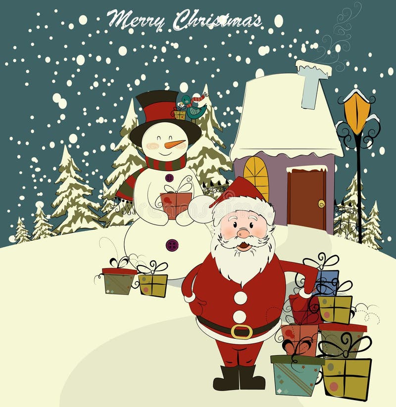 Cartolina di Natale con Santa ed il pupazzo di neve royalty illustrazione gratis Cartolina di Natale con Santa ed il pupazzo di neve royalty illustrazione gratis