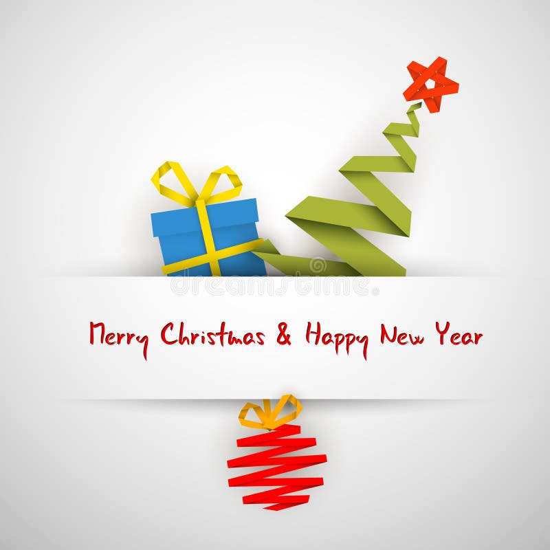 Cartolina di Natale semplice con il regalo, l'albero e la bagattella