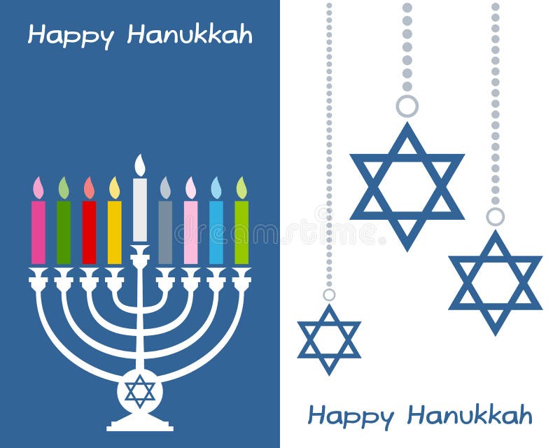 Two Happy Hanukkah greeting card with Hanukkah Menorah (or Hanukiah) and hanging star of David. Eps file available. Two Happy Hanukkah greeting card with Hanukkah Menorah (or Hanukiah) and hanging star of David. Eps file available.