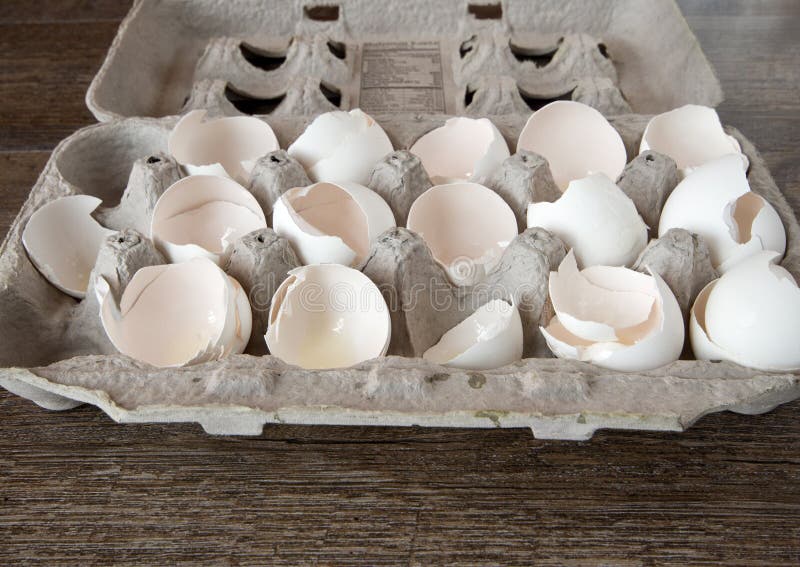 Carton of Broken Egg Shells on Wood Plank Board Stock Photo Image of
