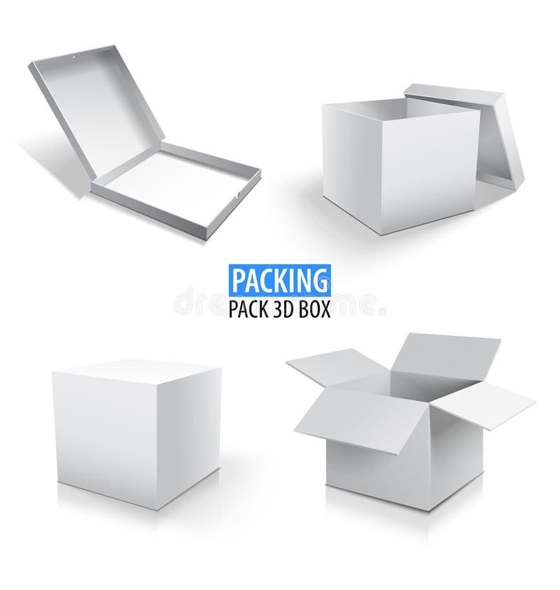 Carton packaging white 3d box. Brown delivery set of different sized packages with postal signs of fragile. Set of royalty free illustration