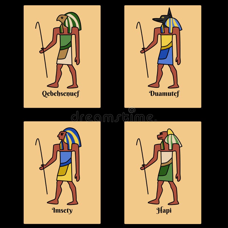 Cartonașele egiptului antic setează fiii lui Dumnezeu Horus cu imagini stilizate și nume scriere. patru zei șacal Șoimul Cinocepha royalty free illustration