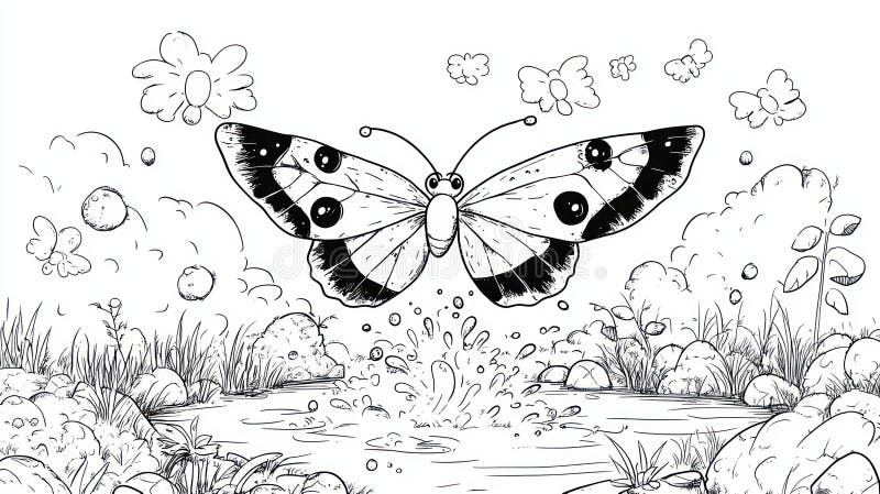 Cartone animato farfalla spruzzato nella pagina del libro di colori dello stagno per bambini royalty illustrazione gratis