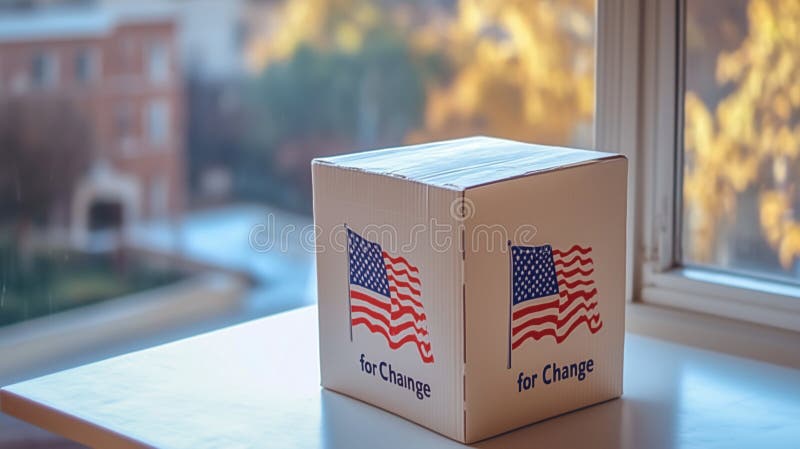 Cartone in una tabella con bandiera americana e le parole Cambia stampate sul lato illustrazione vettoriale