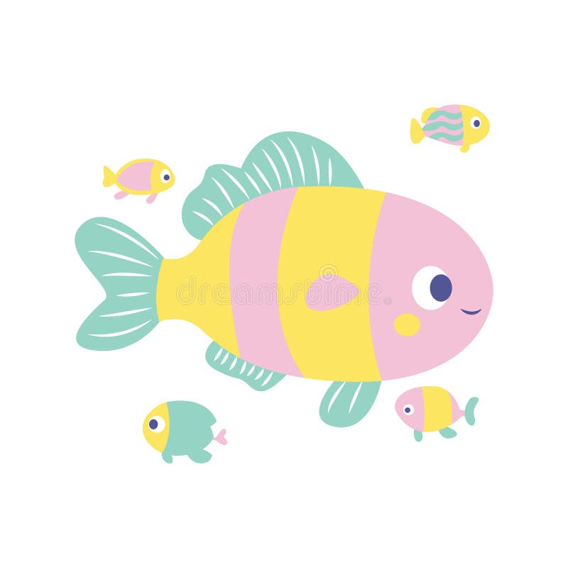 Cartoni animati di pesce con un'espressione sorridente che nuotano in mare illustrazione vettoriale