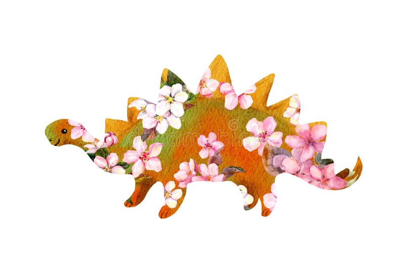 Cartoni animati stegosauri dinosauri in fiore di ciliegio. dino di bellezza in bellissimi fiori rosa. acquerello immagini stock libere da diritti