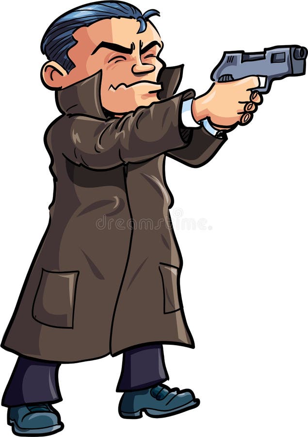 Cartoon agent in a coat with a gun. Isolated on white