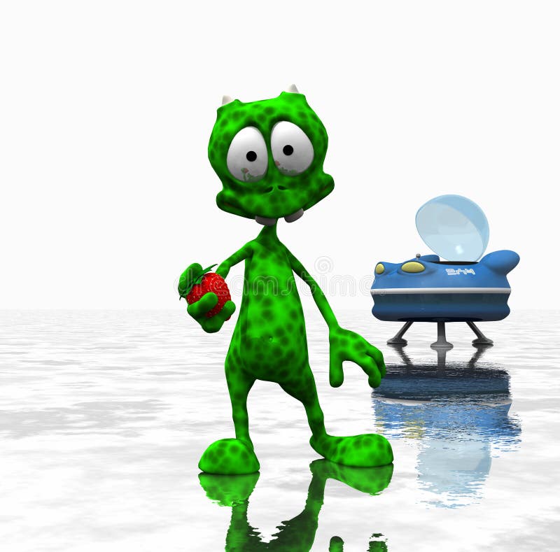 3d render of cartoon alien holding a strawberry