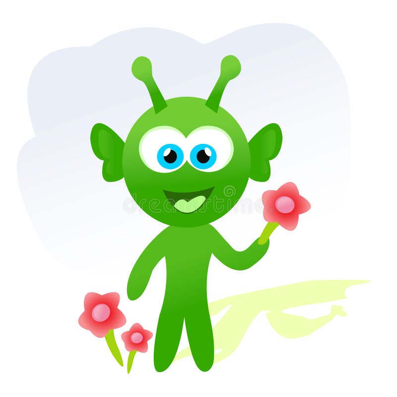 Cartoon alien with flowers vector illustration