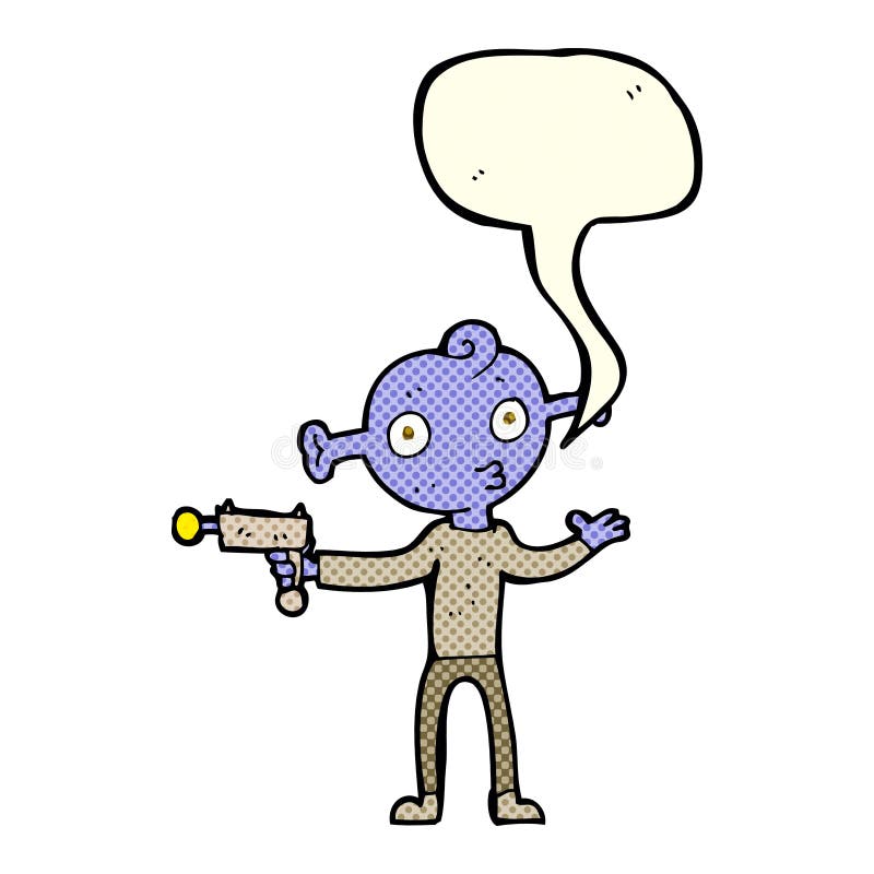 cartoon alien with ray gun with speech bubble