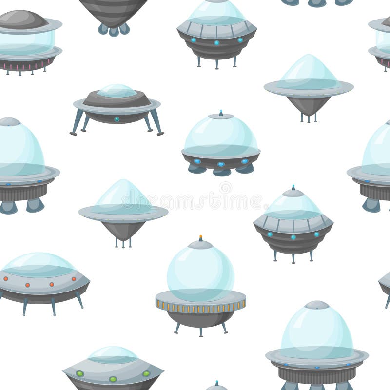 Cartoon Alien Spaceship or Ufo Ship Seamless Pattern Background. Vector