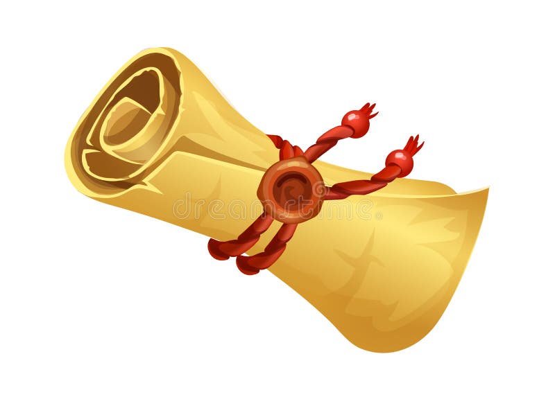 Cartoon ancient scroll. Yellow rolled paper tied with red rope and wax seal. Papyrus manuscript, document or map on vector illustration
