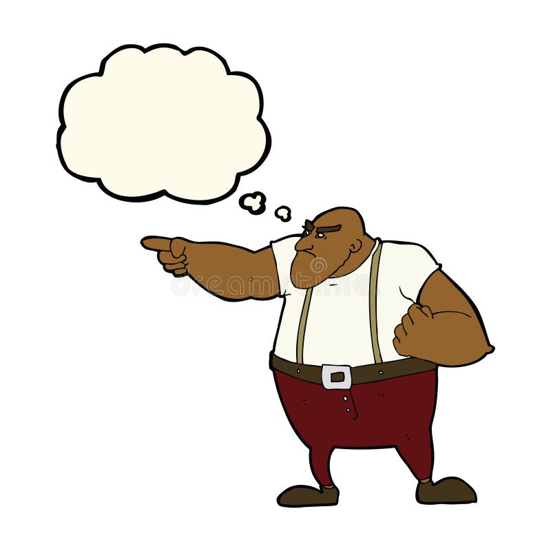 cartoon angry tough guy pointing with thought bubble