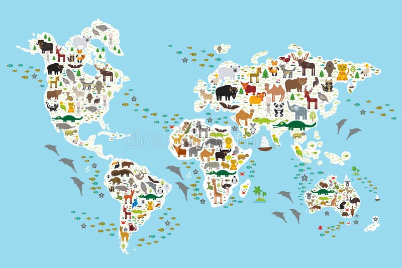 Cartoon animal world map for children and kids