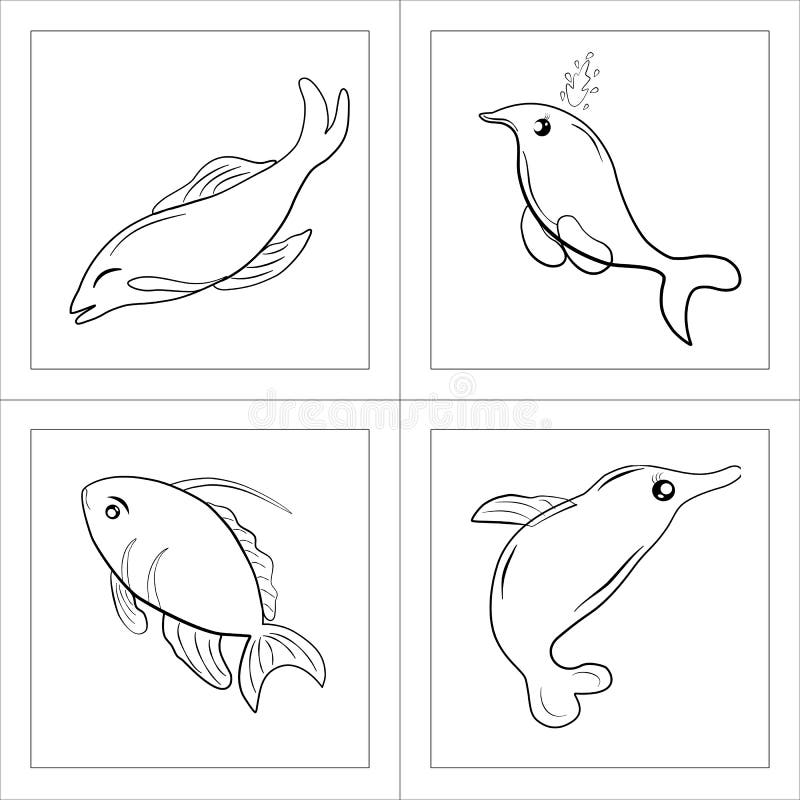 cartoon animals fish whale shark coloring pages vector