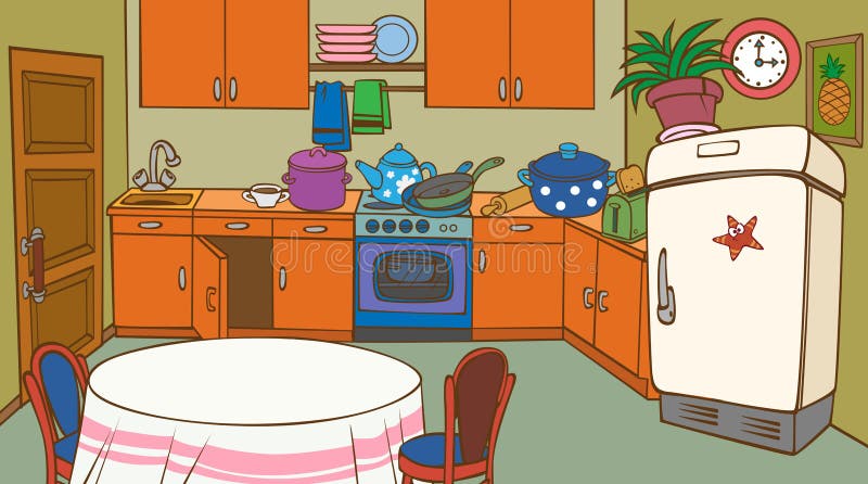 Cartoon animated kitchen stock illustration. Illustration of indoors