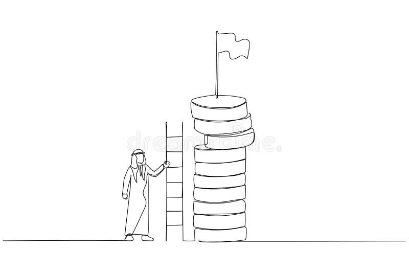 Cartoon of arab businessman climbs a ladder to get a flag atop of huge money profit. One line style art