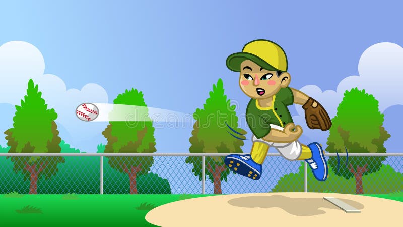 Cartoon of Asian Boy Baseball Player on the Field Stock Vector