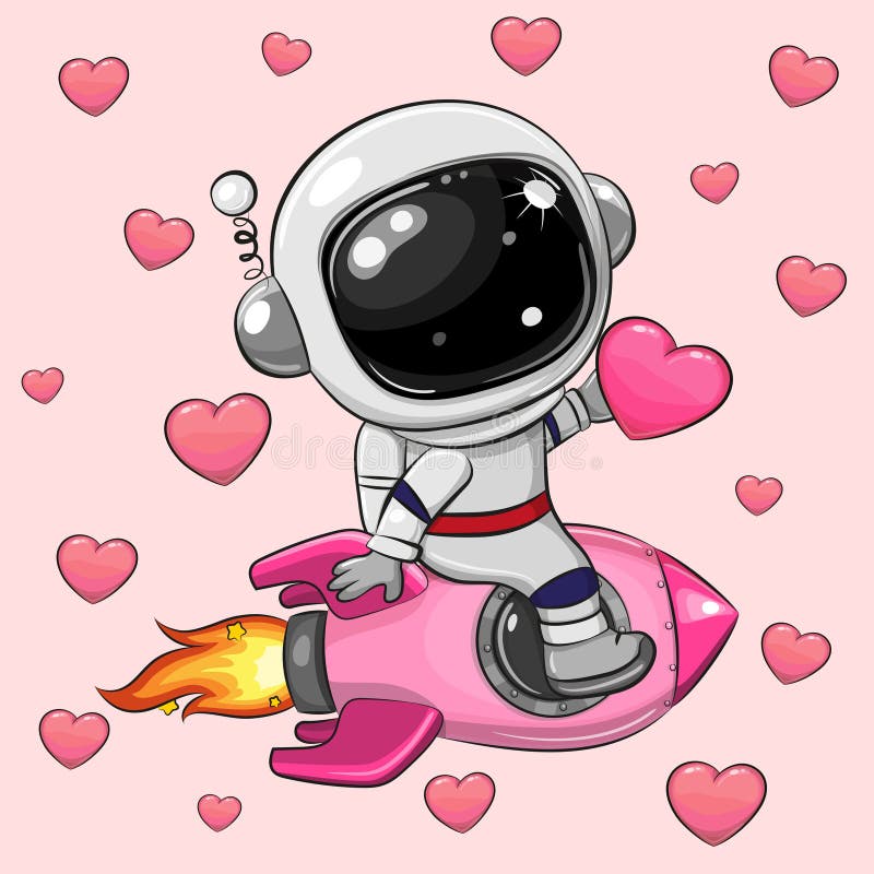 Cartoon astronaut som flyger på en rosenrocket vektor illustrationer