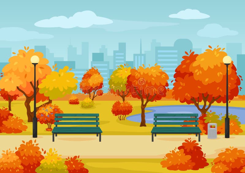 Cartoon Autumn City Park Street with Benches, Trees and Bushes. Fall ...