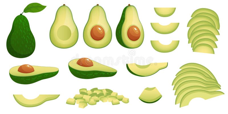 Cartoon avocado. Ripe avocados frukter och frisk näringsrik naturlig föda och vektoruppsättning för avokado-skiffer royaltyfri illustrationer
