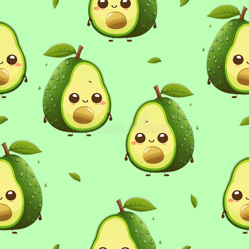 Cartoon Avocados with Leaves Seamless Pattern Stock Illustration ...