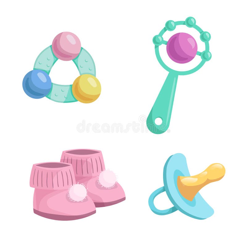 Cartoon baby accessories icons set. Girl pink baby booties, rubber dummy and different rattles. stock illustration