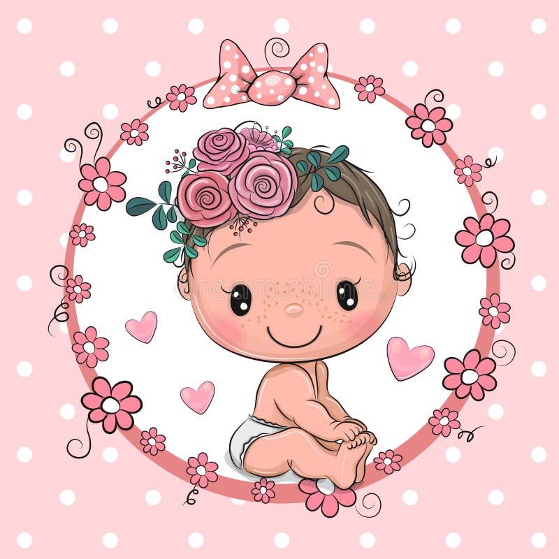 Cartoon Baby with Flowers on a Pink Background Stock Vector - Illustration  of background, eyes: 174343228