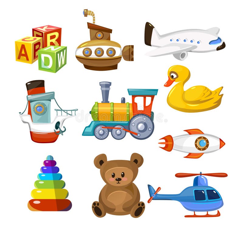 Cartoon baby toys set. Colorful and cute toys for little kid. Childhood objects airplane train ship animal helicopter submarine