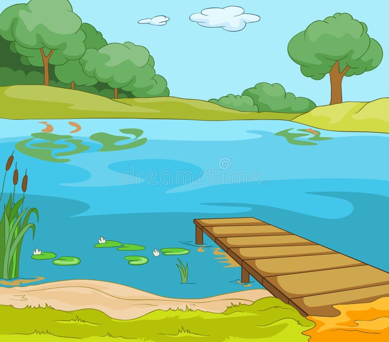 Cartoon Background of Forest Lake with Pier. Stock Illustration -  Illustration of lawn, pond: 79995366
