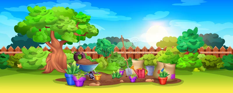 Cartoon Backyard Garden with Gardening Equipment and Growing Plants Stock Vector - Illustration of plant, wheelbarrow: 242869209 Cartoon Backyard Garden with Gardening Equipment and Growing Plants Stock Vector - Illustration of plant, wheelbarrow: 242869209