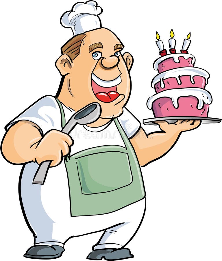 Cartoon Baker with a Spoon and Big Cake Stock Illustration