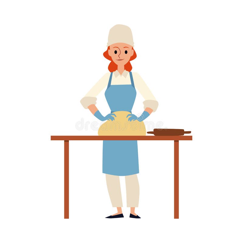 Cartoon Bakker Kneading Deeg Vrouw In Kok Hoed En Pron n Tafel Vector Illustratie Illustratie Bestaande Uit Persoon Bakker