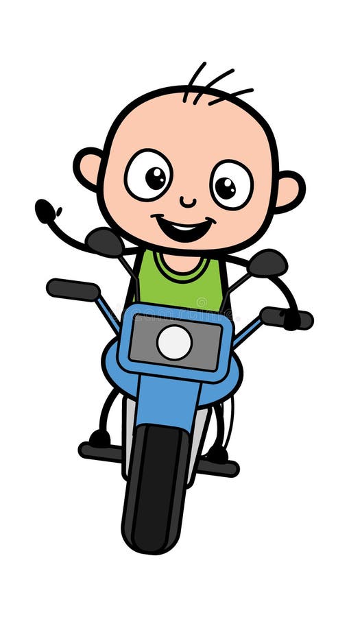 Cartoon Bald Boy Riding Motorbike Stock Illustration - Illustration of ...