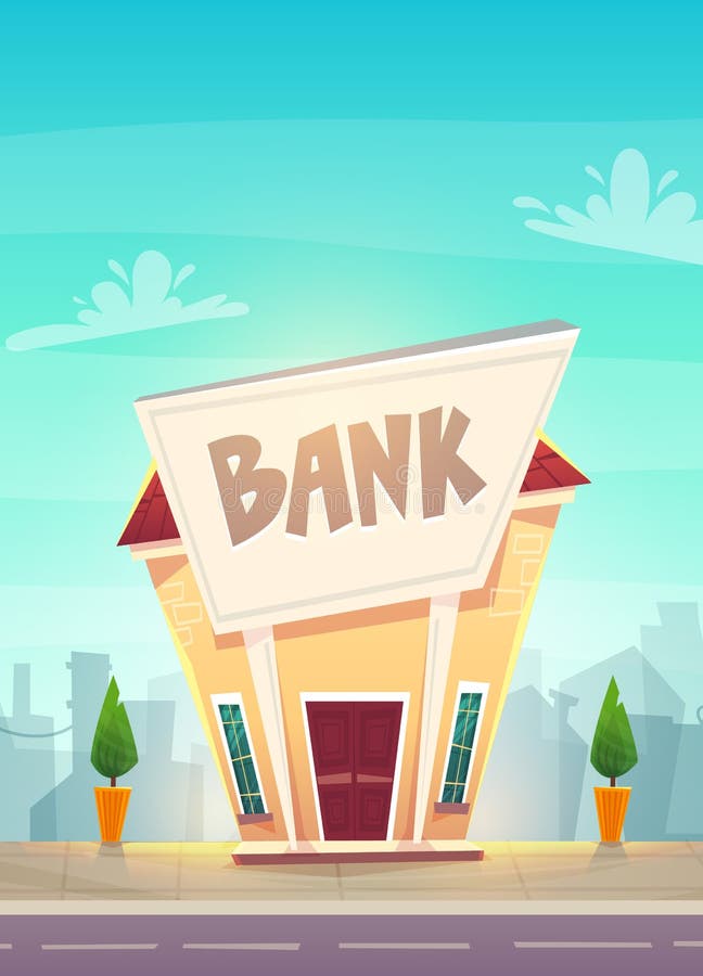 Cartoon Bank Branch at City Street Illustration . Happy Financial