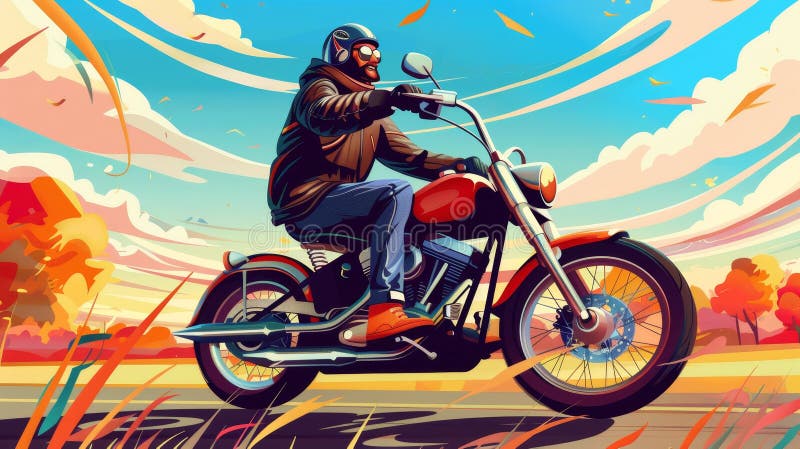 The cartoon banner depicts a man riding a motorcycle on a trip. AI generated