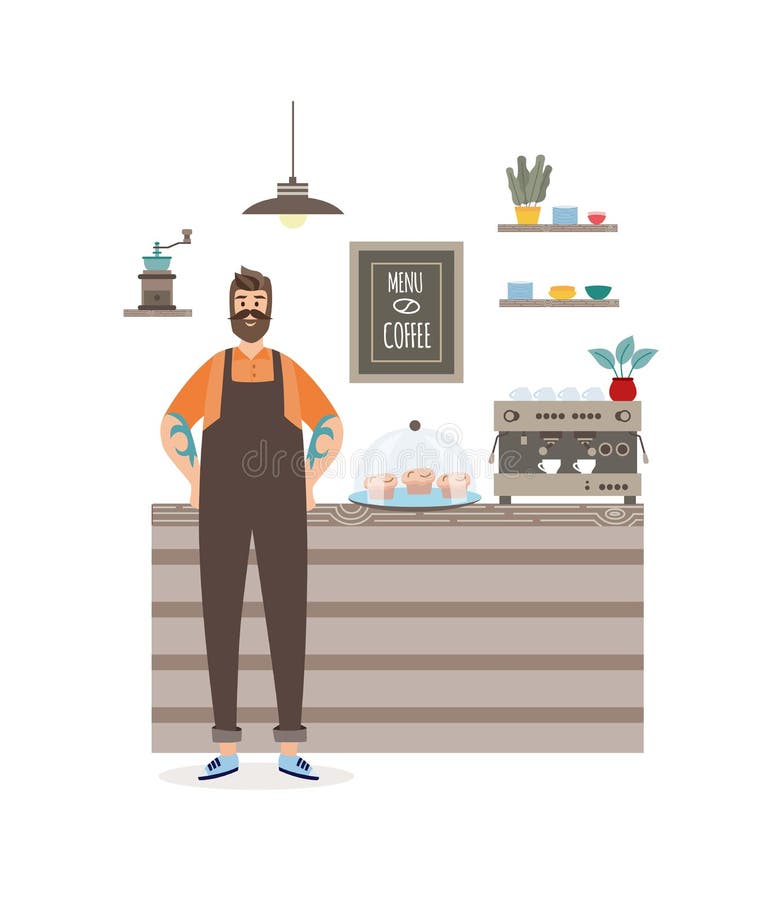 Cartoon Barista in Cafe Bar - Restaurant Worker Man Standing by Counter  Stock Vector - Illustration of service, business: 198299905