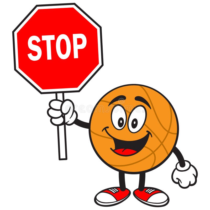 Cartoon Basketball with Stop Sign.