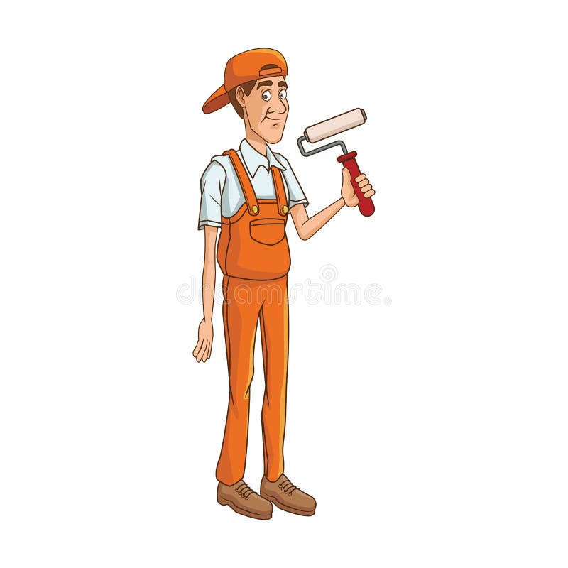 Cartoon-Bauarbeiter mit einem Symbol für eine Farbwalze vektor abbildung