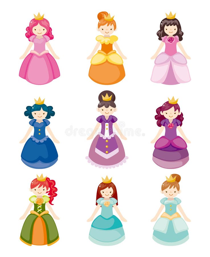 Cartoon beautiful princess icons set stock illustration