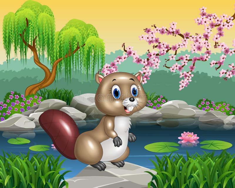 Cartoon beaver posing on the rock stock illustration