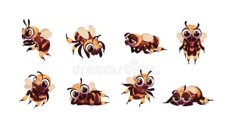 Cartoon bee. Bumblebee smiley mascot character standing and lying. Funny flying insect buzzing. Happy hornet and wasp