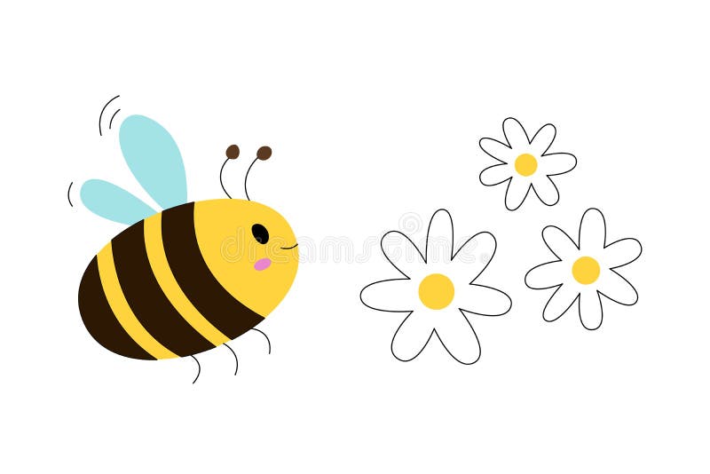 Cartoon Bee with Flowers. Isolated Cute Illustration Stock Vector